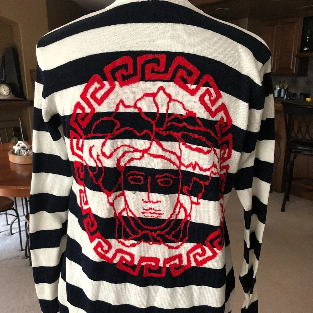 Versace Black White Striped Sweater with Red Medusa Knit